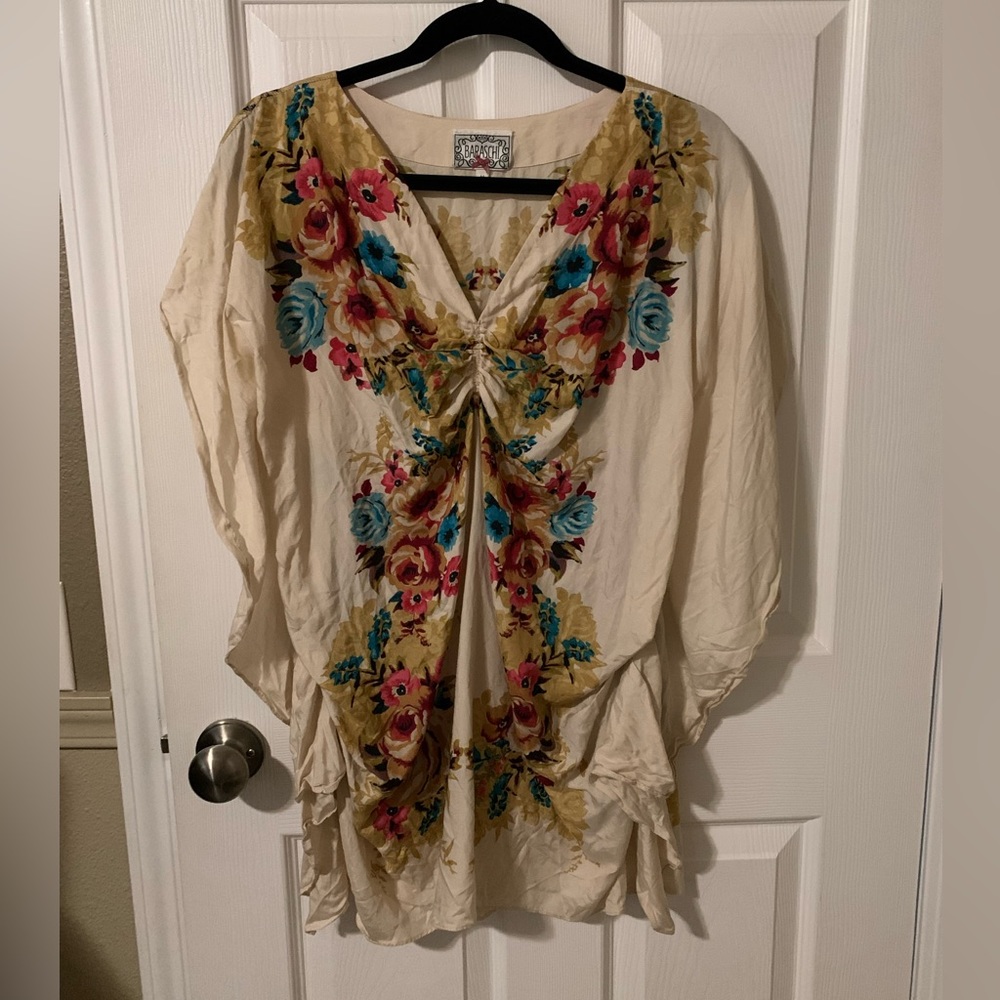 Yoana Baraschi Cream Floral Embroidered Tunic with Pink & Blue Accents